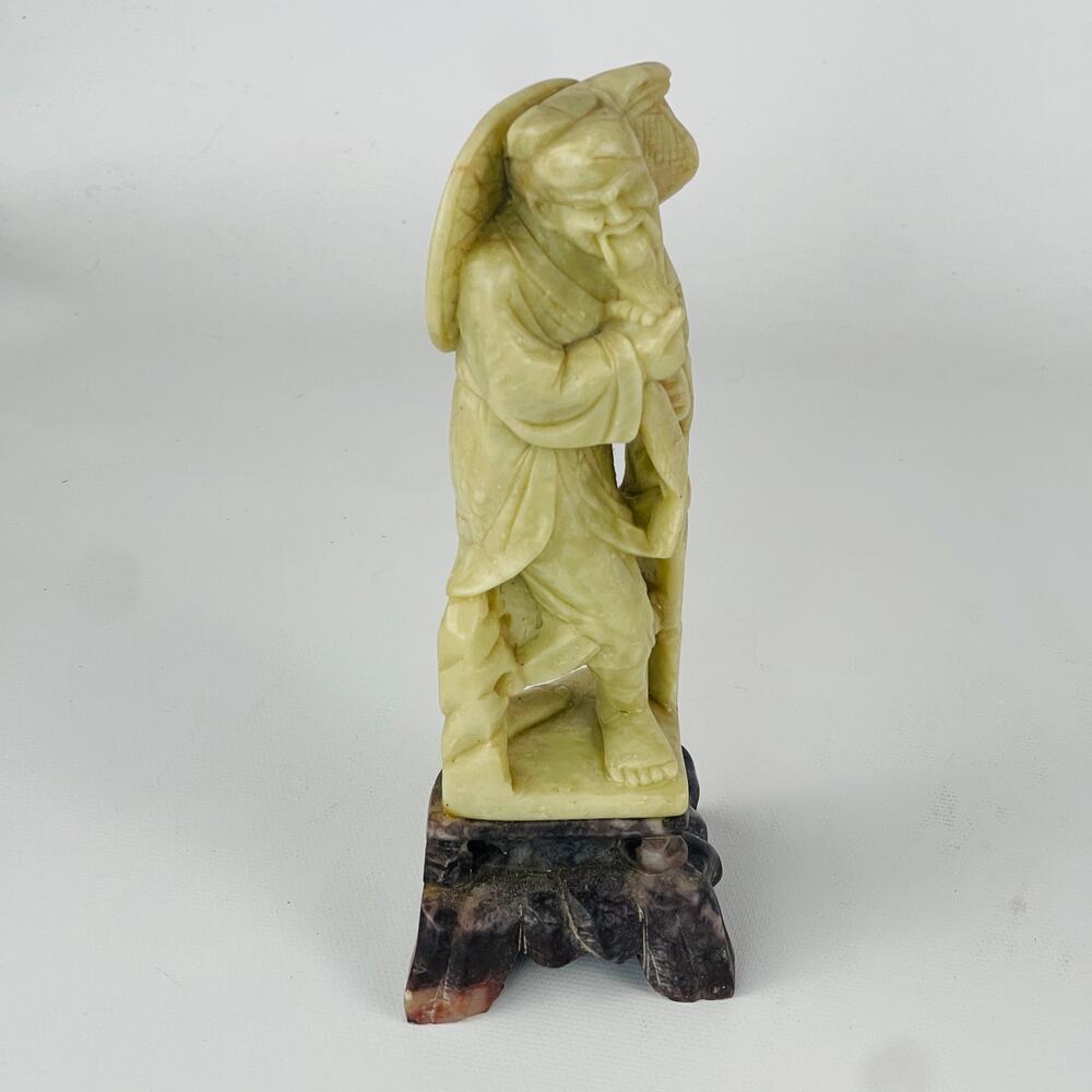 Hand Carved Chinese Shoushan Hard Stone Fisherman Sculpture Statue 6 1/4”